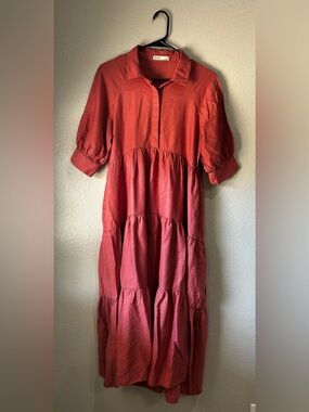 La Ven Poplin Tiered Collared Maxi Dress Shimmer Pink Sz S Boho Summer TC0367